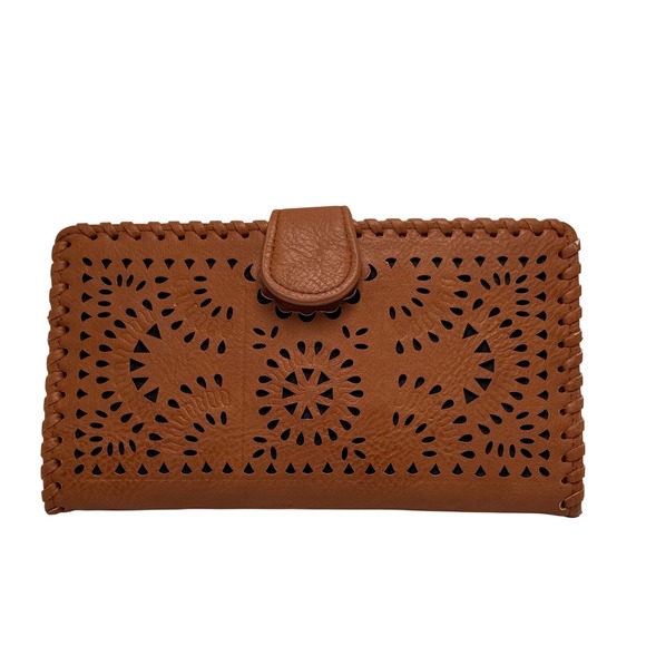 Madison West Handbags - Madison West Brown Faux Leather Laser Cut Bifold Wallet Clutch Snap Closure